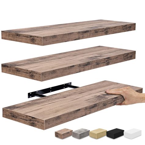 PRICES MAY VARY. 24 Inch Mahogany Floating Shelves for Wall (Set of 3): Display charming showpieces, trophies, photo frames, decorative items, and other prized possessions while offering functional storage with the wooden floating shelves by Sorbus - Enhance home decor, bathroom decor, living room decor - Fill in empty wall space above a desk, fireplace, entryway, vanity, between windows - Each floating shelf measures approximately 23.75" L X 9.25" W Free Up Space in Your Home & Kitchen: Reduce Bathroom Storage Over Toilet, Shelves For Wall, Floating Shelves Bathroom, Wooden Floating Shelves, Over Toilet, Rustic Floating Shelves, Wall Shelf Decor, Bathroom Decor Sets, Rustic Wood Walls