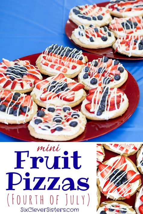 Mini Fruit Pizzas (Fourth of July) - Six Clever Sisters Dessert Picnic, Fruit Pizzas, 4th July Food, Mini Fruit Pizzas, Blueberries And Strawberries, Fruity Dessert, Fourth Of July Celebration, Sugar Cookie Crust, Patriotic Food