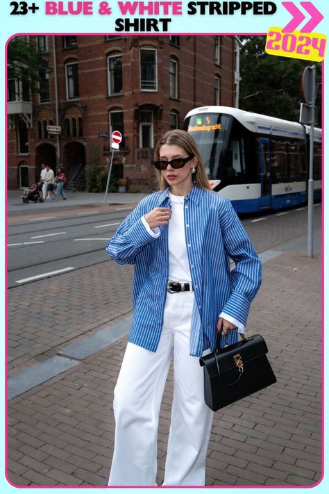 Bold blue and white striped shirt styled with wide-leg pants and an oversized bag. This statement outfit is perfect for making power moves while staying comfortable and stylish in any setting, ideal for casual and business settings alike. Blue White Striped Shirt Outfit, Blue And White Striped Pants Outfit, Striped Shirt Outfits, White Striped Pants Outfit, Blue And White Striped Shirt Outfit, White Striped Shirt Outfit, Blue Striped Shirt Outfit, Outfits With Striped Shirts, Power Moves