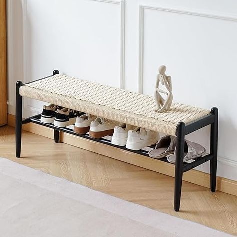 Amazon.com: XINNAN Solid Wood Entryway Bench with Shoe Storage, Rustic Oak Wood and Woven Design 45 Inch Long Seating for Living and Dining Rooms,Black : Home & Kitchen Entryway Bench With Shoe Storage, Small Entryway Bench, Wood Entryway Bench, Wood Entryway, Black Dining Room, Entryway Storage, Small Entryway, Bench With Shoe Storage, Furniture Finishes