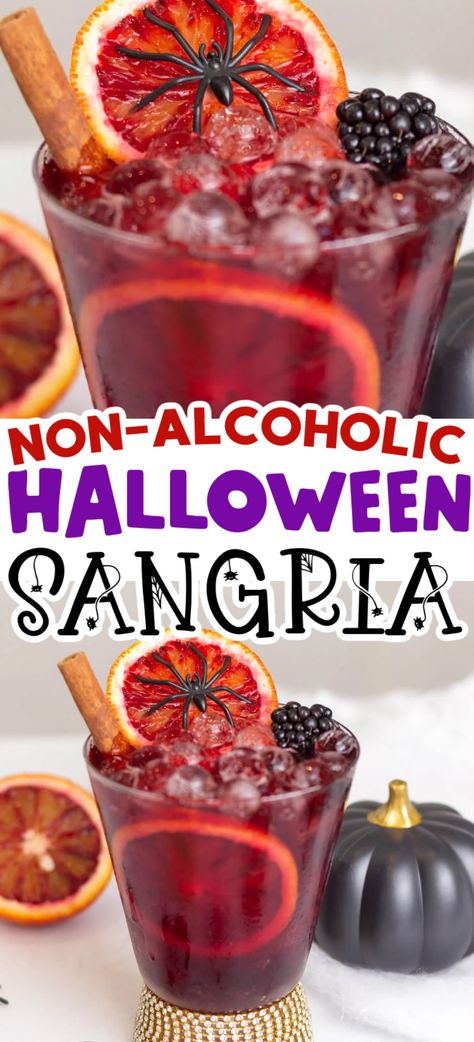 An easy Halloween mocktail that can be made as a batch in a pitcher or as one serve. Suitable for both adults and kids, this non-alcoholic Sangria can be made ahead of time for easy party planning. Non Alcoholic Drinks For Fall Parties, Non Alcoholic Halloween Cocktails, Cute Halloween Drinks Non Alcoholic, Halloween Sangria White, Halloween Party Beverages, Halloween Drink Mocktail, Witch Please Drink, Halloween Party Mock Tails, Halloween Kid Friendly Punch