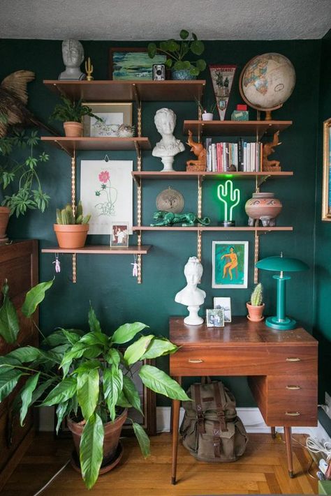 Wall Shelf Inspiration. #wall #shelves #design #decor #plants #idea Green Room Vintage, Dark Green Desk Aesthetic, Small Room Dark Academia, Dark Academia Green Room, Eclectic Dark Academia, Dark Green Study Aesthetic, Green Academia Office, Dark Academia Studio Apartment, Dark Green Office Aesthetic