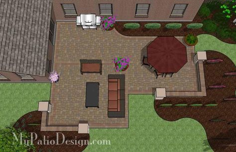 Fun Family Patio Design with Fire Pit | Download Plan – MyPatioDesign.com Corner Patio Ideas, Patio Plan, Patio Blocks, Patio Installation, Patio Plans, Patio Layout, Patio Pavers Design, Concrete Patios, Patio Steps