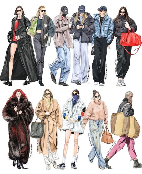 Fashion Outfits Design Drawing, Street Fashion Drawing, Fashion Outfits Illustration, Street Style Drawing, Street Fashion Illustration, December Illustration, Fashion Publication, Outfits Illustration, Sketch Instagram