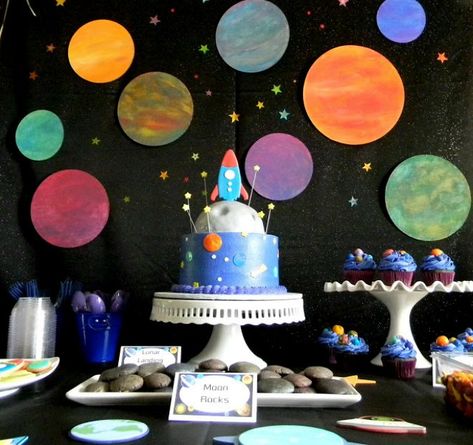 Space party backdrop Space Birthday Party Ideas, Bohemian Birthday Party, Outer Space Birthday Party, Space Themed Birthday, Space Party Decorations, Birthday Party Background, Outer Space Party, Party Dessert Table, Party Tablescapes