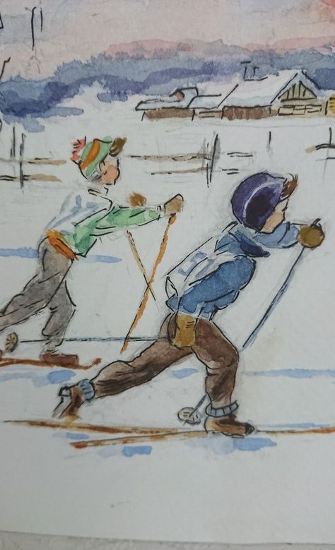 Ski Drawing, School Book Covers, Winter Skiing, Ski Art, Watercolor Art Landscape, Watercolor Christmas Cards, Paint Cards, Doodle Illustration, Ap Art