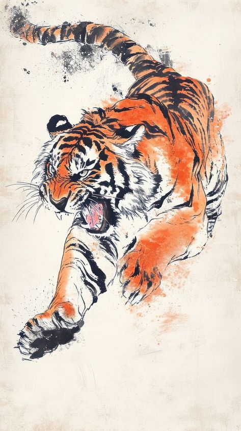 Tiger wildlife painting animal. | premium image by rawpixel.com / Jigsaw Tiger Art Wallpaper, Tiger Art Illustration, Tiger Illustration Art, Japanese Tiger Art, Tiger Running, Tiger Aesthetic, Tiger Leaping, Minimalist Iphone Wallpaper, Tiger Silhouette