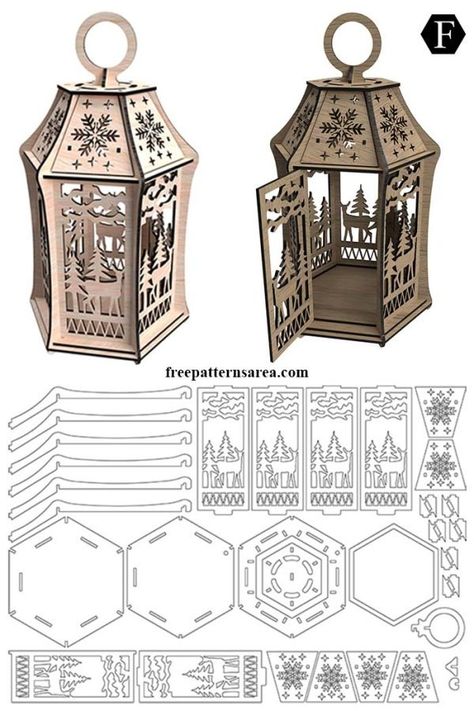 Festive DIY: Laser Cut Wooden Lantern Pattern for Christmas Diy Wood Decor, Lézervágott Fa, Lantern Pattern, Lantern Template, 3d Templates, Laser Cut Decor, Wooden Lantern, Diy Laser Cut, Laser Cut Wood Crafts