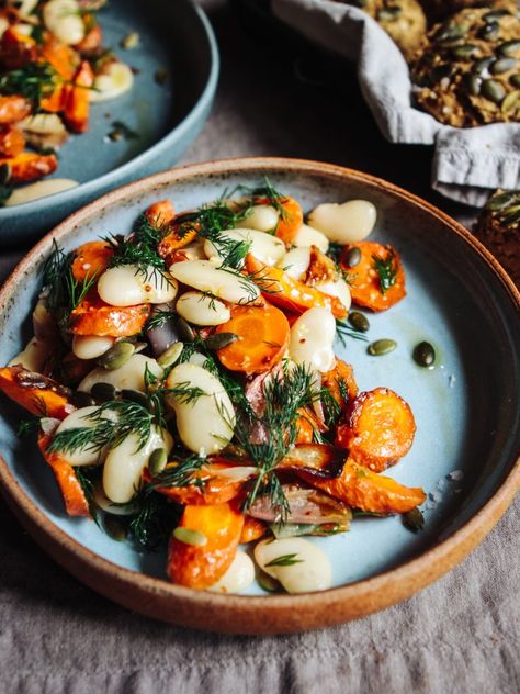 Olive Muffins, Carrot Butter, Shallot Butter, Dill Salad, Roasted Carrot, Beautiful Salad, Butter Beans, Veggie Recipes, Food Inspiration