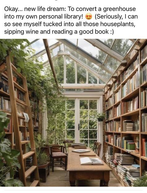 Glass Greenhouse Aesthetic, Garden Shed Library, Greenhouse Bookstore, Greenhouse Living Space, Greenhouse Reading Room, She Shed Book Nook, Reading Greenhouse, Outdoor Book Library, Glass She Shed