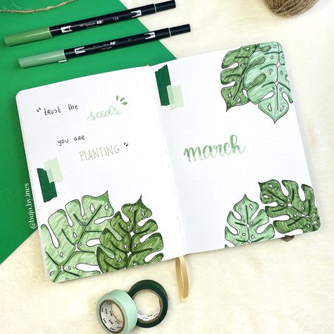 march on my bullet journal looks a lot like green, plants & leaves. it’s time to welcome spring on out bullet journals #bulletjournal #bujo #bujotheme #bujomarchtheme #marchtheme #bujomonstera #bujoplants #bujocovermarch Bujo Leaves Theme, Plant Bullet Journal Theme, Green Bullet Journal Theme, Green Bujo, Bullet Journal Leaves, Personas Design, Notebook Therapy, Archer And Olive, May Bullet Journal