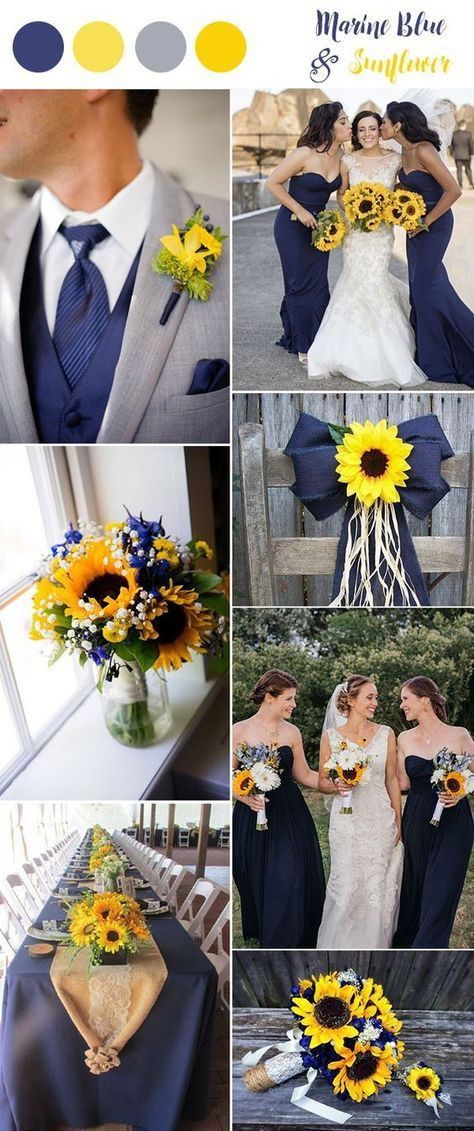 50+ Inspirational Sunflower Wedding Ideas for 2019--navy blue and yellow wedding colors with sunflowers, Rustic Country Wedding Ideas, Country Wedding Ideas, Sunflower Themed Wedding, Wedding Color Combos, Wedding Color Trends, Skirt Diy, Boda Mexicana, Wedding Colors Blue, Country Wedding Dresses