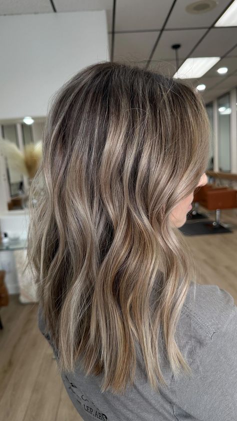 Med Length Brown Hair With Highlights, Light Brown Hair With Highlights And Shadow Root, Level 7 Hair Color Balayage, Partial Highlights For Bronde, Level 6 With Highlights, Fall Hair Colors Cool Tones, Blonde To Dark Hair Transformation, Blonde Long Lob, Blonde With Heavy Lowlights