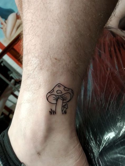 Simple Mushroom Tattoo. Small Red Mushroom Tattoo, Toadstool Tattoo Simple, Small Shroom Tattoo, Small Simple Mushroom Tattoo, Mushroom Tattoo Linework, Fineline Mushroom Tattoo, Mushroom Minimalist Tattoo, Mushroom Tattoo Ideas Simple, Mushroom Finger Tattoo