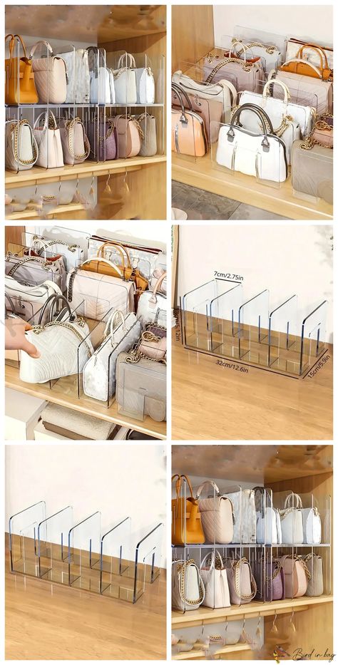 Bird in Bag – Practical Clear Closet Bag Storage Dividers Rack – Purse Organizer for Closet with Detachable Cupboard Shelf – Ideal Book Dividers for Closet, Bathroom, and Office – Space-Saving Storage Organizer for Home, Dorm, and Office – Clear Purse Separator Handbag Storage Organizer – Bird in Bag Bag Storage Ideas Small Space, Closet Bag Storage, Storing Handbags, Clear Closet, Seriously Organized, Book Dividers, Closet Idea, Purse Display, Organizer For Closet