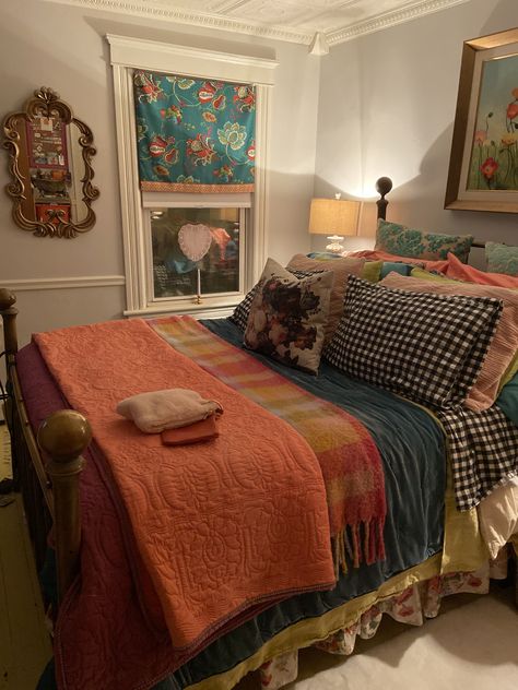 Vintage Bright Bedroom, Eclectic Bedroom Paint Colors, Bedroom Layered Rugs, Two Rugs In One Room Layout Bedroom, Eclectic Amazon Finds, Decorate With Scarves, Bedroom Plant Corner, Eccentric Bedroom Ideas, Maxamalist Bedroom