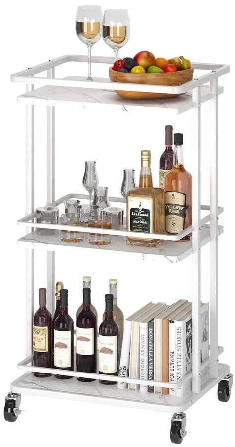 PRICES MAY VARY. 【Ample Bar Storage Cart】3 shelves provide plenty of room to store all of your bar essentials. Great for shakers, ice buckets, shot glasses, liquor, and more; The rolling caster wheels make it easy to move it where your party needs it, or park it next to your sofa to serve coffee after the party. Sturdy & Durable Material 】Made of premium carbon steel and 0.7 inches thick wood shelves, this kitchen serving cart has great sturdiness, long service time and a total load capacity of Bar Cart Wood, Bar Cart White, Metal Kitchen Island, Island Storage, Kitchen Island Storage, Wood Bar Cart, Metal Bar Cart, Cart With Wheels, Drink Cart