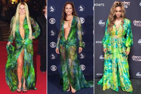 Jennifer Lopez Versace Dress Geri Halliwell Tyra Banks - Stephane Cardinale/Sygma via Getty; Scott Gries/ImageDirect; Kelsey McNeal/ABC via Getty Jennifer Lopez Versace Dress, Jlo Green Dress, Grammy Dresses, Versace Gown, Geri Halliwell, Tropical Print Dress, Tyra Banks, Versace Dress, Printed Gowns