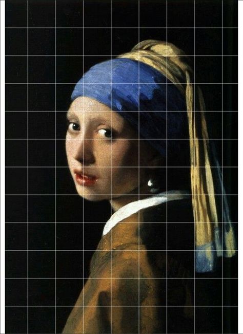 Girl With A Pearl Earring Painting, The Girl With The Pearl Earring, Reference Photos With Grid, Girl With Pearl Earring Art, Pearl Drawing, Famous Art Coloring, Pearl Artwork, Girl With The Pearl Earring, Drawing Grid