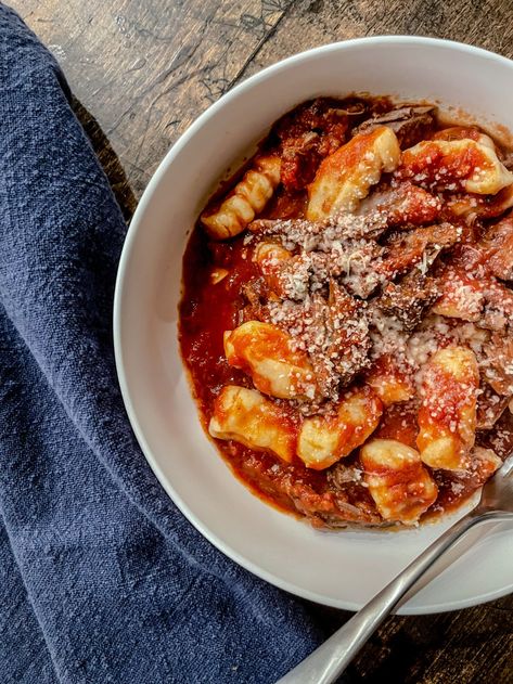 Braised Beef Gnocchi, Beef Gnocchi, Leftover Pot Roast, Ricotta Gnocchi, Leftover Beef, Red Wine Sauce, Shredded Beef, Braised Beef, Health Nut