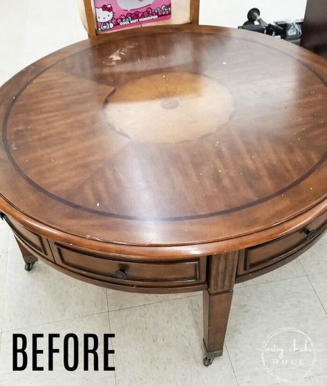 Live Edge Round Coffee Table, Two Tone Coffee Table Diy, Painted Round Coffee Table, Coffee Table Stain Ideas, Painting Coffee Table Ideas, Glass Top Coffee Table Makeover, Coffee Table Update, Wood Coffee Table Makeover, Stained Coffee Table