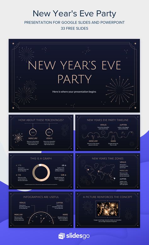 Work on an elegant presentation for the New Year's Eve party and customize our Google Slides theme and PowerPoint template to get excellent results Christmas Party Elegant, Slideshow Design, Party Timeline, Theme Powerpoint, Ppt Template Design, Free Powerpoint Presentations, Online Jobs For Teens, Elegant Presentation, Presentation Backgrounds