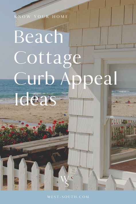 Cottage Curb Appeal Ideas for your Beach House from West-South #cottagestyle #cottagecurbappeal #cottagearchitecture #suburbancottage #mountaincottage #englishcottage #beachcottage #moderncottage #exteriordesigner #colorconsultant #paintconsultant Coastal Shutters Exterior Beach Cottages, White Wood Cottage Exterior, Small Seaside Cottage, Quick Curb Appeal Ideas, Cottage Curb Appeal Ideas, Coastal Beach House Exterior Cottage Style, Beach House Shutters, Beach House Curb Appeal, Beach Cottage Landscaping Ideas