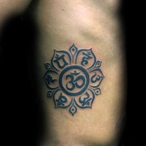 Male With Om Flower Tattoo On Rib Cage Side Of Body Om Tattoo Designs, Ohm Tattoo, Outdoor Tattoo, Flower Tattoo On Ribs, Tattoo Ideas Males, Om Tattoo Design, Chakra Tattoo, Buddha Tattoo Design, Om Tattoo