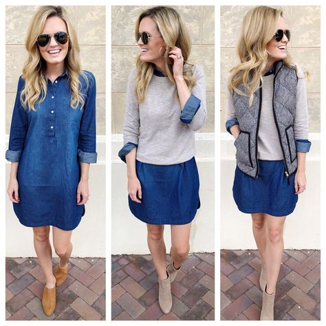 Navy Shirt Dress Outfit Fall, Button Up Denim Dress Outfit, How To Wear Denim Shirt Dress, Summer T Shirt Dress Outfit, Denim Dress Office Outfit, Denim Shirt Dress Outfit Women, Winter T Shirt Dress Outfit, Styling Denim Shirt Dress, Shirt Over Dress Outfit Fall