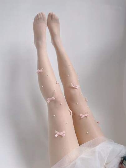 Pink Tights Outfit, Cute Tights, Pink Tights, Lace Stockings, White Tights, Pearl Bow, Colored Tights, Bow Decor, Pink Bows