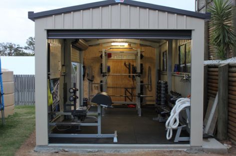 17 Insanely Unique uses for Outdoor Storage Sheds in 2018 [with 101 examples] Gym Creative, Gym Shed, Backyard Gym, Casa Garage, Gym Garage, Dream Home Gym, Morton Building, Home Gym Garage, Front Facade