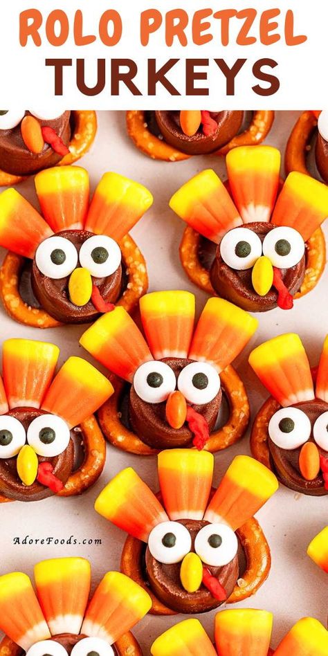 These rolo pretzel turkeys are an easy no-bake dessert that will bring some festive fun to your Thanksgiving celebrations. With just a few simple ingredients, like pretzels and candy corn, you can create adorable edible turkeys that make the perfect holiday treat. Whether you’re short on time or looking for a fun activity to enjoy with kids, these pretzel turkeys are a must-try! Thanksgiving Party For Kids School, Turkey Pretzel Treats, Pretzel Turkeys, Thanksgiving Treats For Kids, November Decor, Rolo Pretzel, Rolo Pretzels, Candy Wafers, Turkey Treats