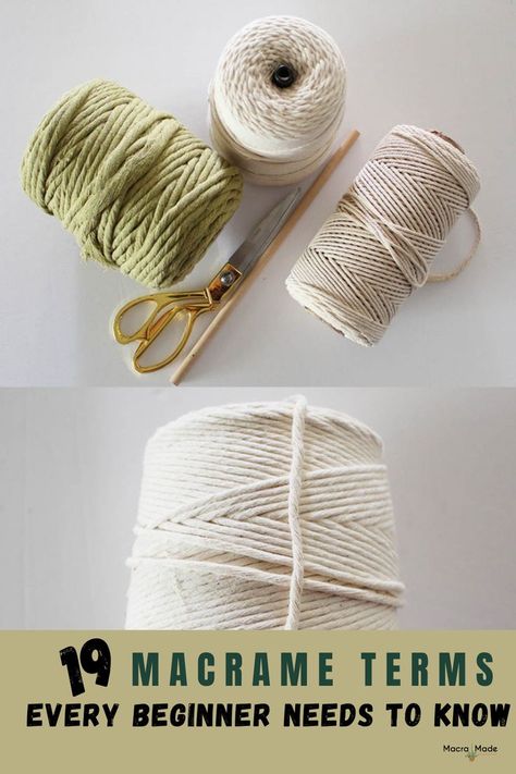 When you’re just starting out, reading patterns for a project can be very confusing. Knowing what type of string to buy is a total mystery. Today I’m sharing 19 macrame terms every beginner should know. Macrame Terms, Macrame Tutorial Beginner, Macrame Style, Home Decor Apartment, Macrame Thread, Macrame Plant Hanger Tutorial, Macrame Knots Tutorial, Macrame Supplies, Macrame Knots Pattern