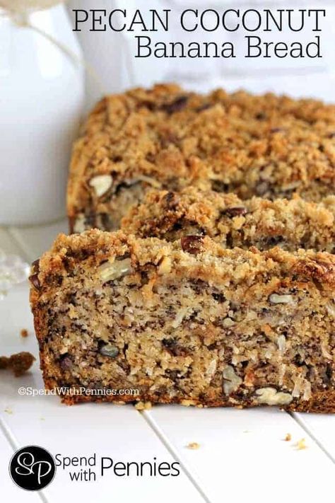 Pecan Coconut Banana Bread Recipe with a crumbly pecan streusel topping! If you're looking for the perfect banana bread recipe, this is it! Perfect Banana Bread Recipe, Greek Yogurt Banana Bread, Yogurt Banana Bread, Perfect Banana Bread, Coconut Banana Bread, Best Zucchini Bread, Banana Nut Bread Recipe, Zucchini Banana Bread, Nut Bread Recipe