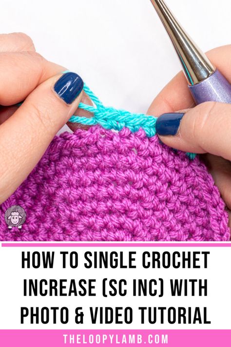 Learn how to do the single crochet increase stitch (sc inc) with this beginner-friendly tutorial that includes step-by-step pictures and video. Click to view the tutorial or save it to your How to Crochet or Crochet Stitch Tutorial board for later. How To Do A Single Crochet Increase, Sc Increase Single Crochet, Increase Stitch Crochet, Crochet Increase Stitch, Single Crochet Increase, How To Single Crochet, Half Double Crochet Decrease, Crochet Increase, Crochet Stitch Tutorial