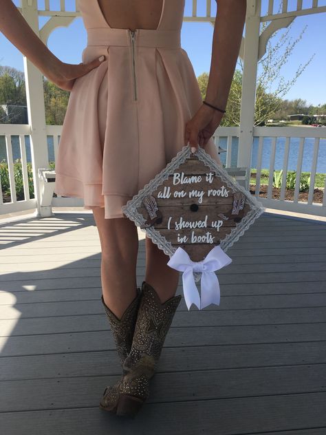 Graduation Cowboy Hat, Welding Grad Caps, Graduation Cap Designs Zach Bryan, Cowboy Graduation Cap, Cowboy Boots Graduation Pictures, Graduation Outfit Ideas Western, Lace Graduation Cap, Country Grad Cap Ideas, Grad Cap Ideas Western