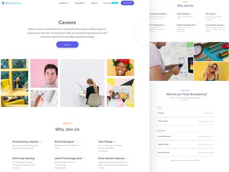 Hello Everyone, Here is the Career page design of the website that we designed for a technology Consultation Firm " Bluesapling" based in India.  Please check the attachment and give your valuable ... Career Page Design, Website Layouts, Ui Website, Job Page, Job Website, Web Page Design, Daily Ui, Website Design Layout, Online Blog