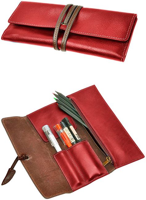 Pen Pouch Diy, Pouch Stationery, Leather Office Accessories, Leather Pencil Roll, Leather Knife Sheath Pattern, Pencil Case Pattern, Leather Pen Case, Diy En Cuir, Leather Bag Tutorial