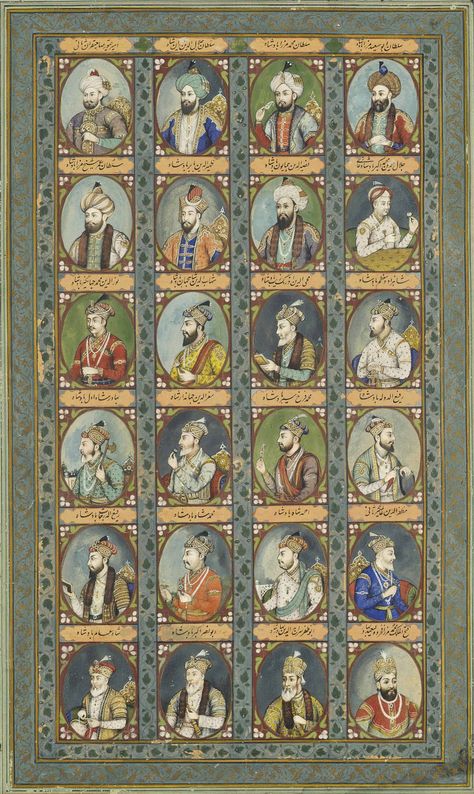 THE MUGHAL DYNASTY: A LARGE ILLUSTRATION OF TWENTY-FOUR MUGHAL EMPERORS AND PRINCES | DELHI SCHOOL, NORTH INDIA, CIRCA 1850 | Drawings & Watercolors, body colour / gouache | Christie's Art Deco Furniture Design, Hinduism History, Mughal Miniature Paintings, Book Art Sculptures, Mughal Art Paintings, Mughal Architecture, Mughal Paintings, Persian Miniature, Mughal Empire