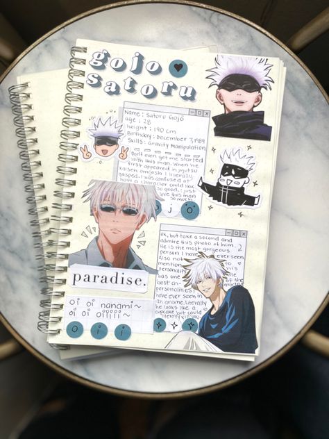 bullet journal, bullet journal layout, bullet journal idea, anime, jujutsu kaisen, weeb Visual Art Portfolio, Anime Junk Journal, Anime Journaling Ideas, Anime Diary Ideas, One Piece Journal Ideas, Diary Doodles Ideas, Gojo Satoru Journal, Aesthetic Anime Journal, Anime Journal Cover