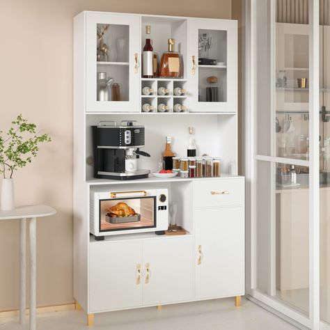 PRICES MAY VARY. 【Spacious Workspace & Unique Design 】Our Pakasept kitchen cabinet overall size:39.37''Lx15.74''Dx72.83''H. Kitchen Pantry Cabinet with 1 open shelves and 1 microwave space and 5 storage cabinet and wine racks. It meet your different storage needs. You can use it to store tableware, knife fork, seasonings,place microwave, coffee machine,wine,and plates,etc.At the top of the cabinet can place photo frames, vases, etc. 【Durable MDF Panel & Sturdy Construction】Our kitchen storage ca Freestanding Pantry Cabinet, White Kitchen Pantry Cabinet, Freestanding Pantry, White Kitchen Pantry, Pantry Cabinet Free Standing, Pantry Storage Cabinet, Cabinet Modern, Wooden Storage Cabinet, Kitchen Pantry Storage