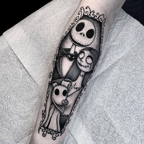 Jack Sally And Zero, Sally And Zero, Tattoo Nightmares, Jack Skellington Tattoo, Tim Burton Tattoo, Jack Tattoo, Nightmare Before Christmas Tattoo, Christmas Tattoo, Silhouette Tattoos