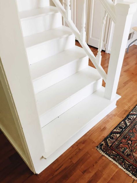 Rachel Schultz: PAINTING A STAIRCASE WHITE Stairs Painted White, Farm House Trim, Staircase White, Stairs Makeover Ideas, White Staircase, Painted Staircases, White Stairs, Stair Makeover, Porch Paint