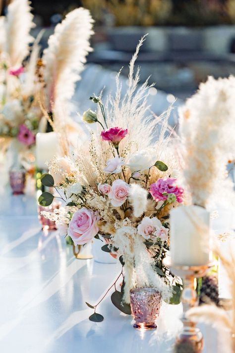 Pampas And Real Flowers, Pampas Grass With Bright Flowers, Pampas With Flowers, Pink Boho Wedding Decor, Boho Pink Wedding, Pampas Wedding Decor, Pink Boho Wedding, Wedding Pampas, Grass Centerpiece