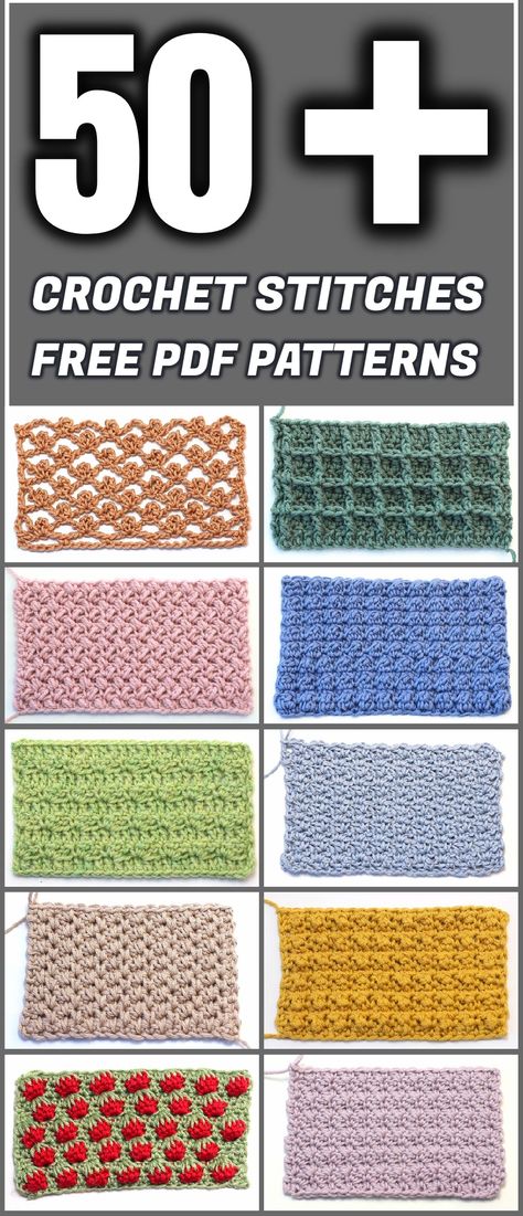 Learn to make 50 and more beautiful crochet stitches. Feel free to download any of these patterns in PDF format and enjoy your crocheting... Stitches Pattern, Crochet Stitches Guide, Crochet Stitches For Blankets, Crochet Stitches Free, Easy Crochet Stitches, Free Pdf Pattern, Crochet Stitches For Beginners, Stitch Crochet, Crochet Stitches Tutorial