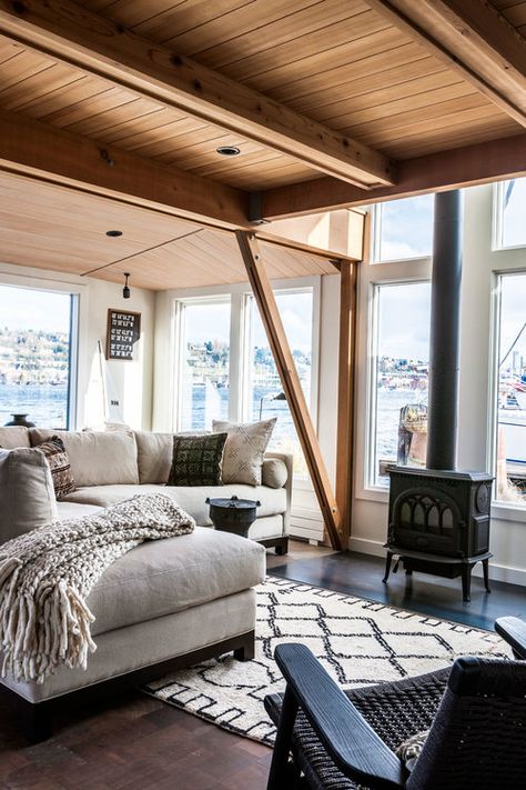 Houseboat Living Interiors, Small Lake Cabins, Houseboat Decor, Seattle Interior Design, Boat House Interior, Floating Homes, Houseboat Living, Lake House Interior, Airbnb Design