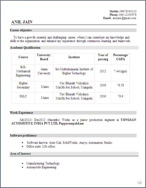 Mechanical Engineer Resume for Fresher ~ Resume Formats Resume Format Free Download, Career Objectives For Resume, Civil Engineer Resume, Mechanical Engineer Resume, Fresher Resume, Engineering Resume Templates, Simple Resume Format, Job Resume Format, Resume Format Download