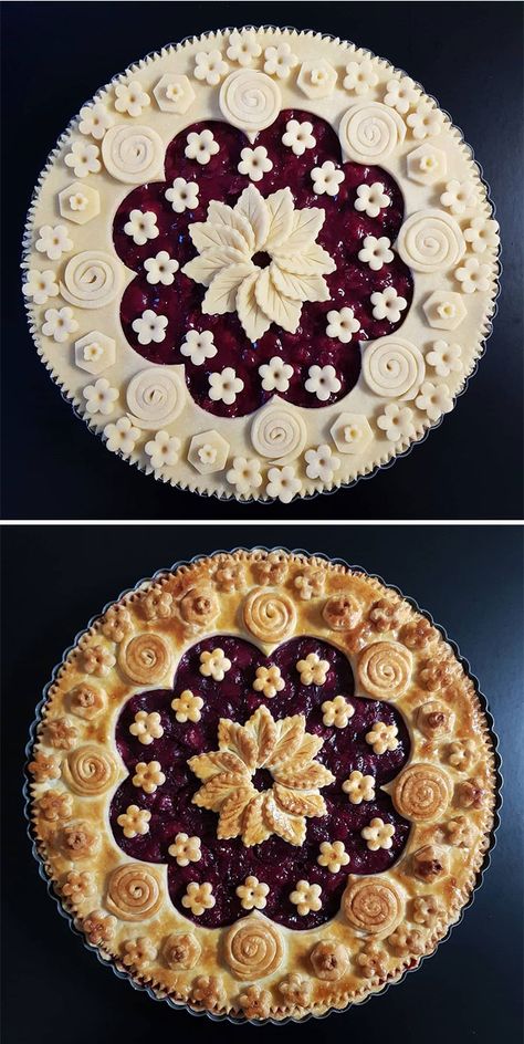 Pie-Crust-Design-Before-After-Part-2-Karin-Pfeiff-Boschek Pretty Pie Crust, Fancy Pie Crust, Pie Crust Art, Beautiful Pie Crusts, Decorative Pie Crust, Pie Crust Designs, Pie Decoration, Pies Art, Boat Food