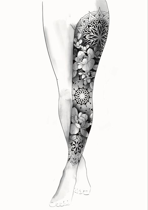 Leg Flower Tattoo Sleeve, Full Leg Tattoos Women Sleeve Color, Floral Mandala Leg Sleeve, Mandala Leg Sleeve Design, Dotwork Leg Sleeve, Leg Sleeve Inspiration, Leg Sleeve Template, Mandala Leg Sleeve Women, Leg Tattoo Sleeve Women