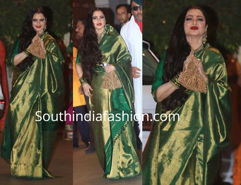 Rekha in a green kanjeevaram saree Rekha In Kanjeevaram Sarees, Rekha Sarees, Gold Kanjeevaram Saree, Green Kanjeevaram Saree, Rekha Saree, Rekha Ji, Alia Bhatt Saree, Rekha Actress, Green Sari